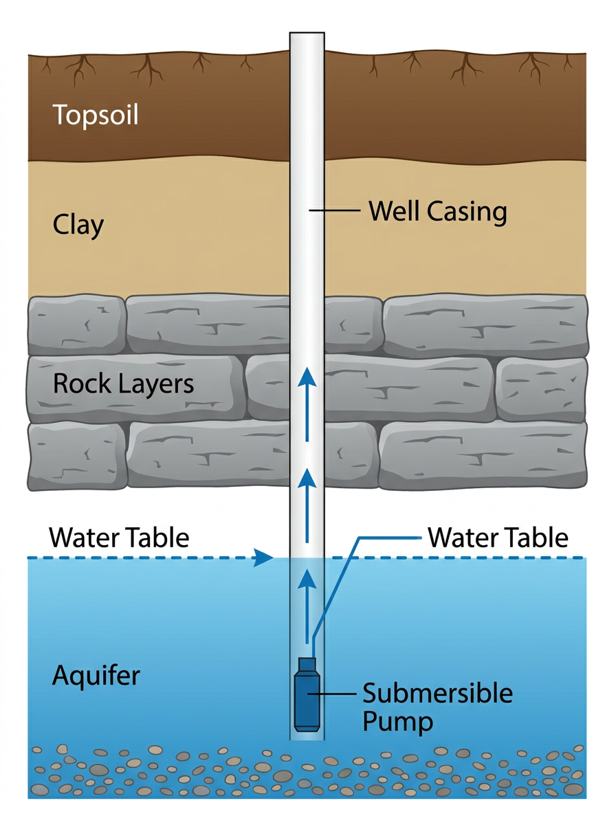Cross-section diagram showing how a water well works - ground layers, casing, pump, and aquifer